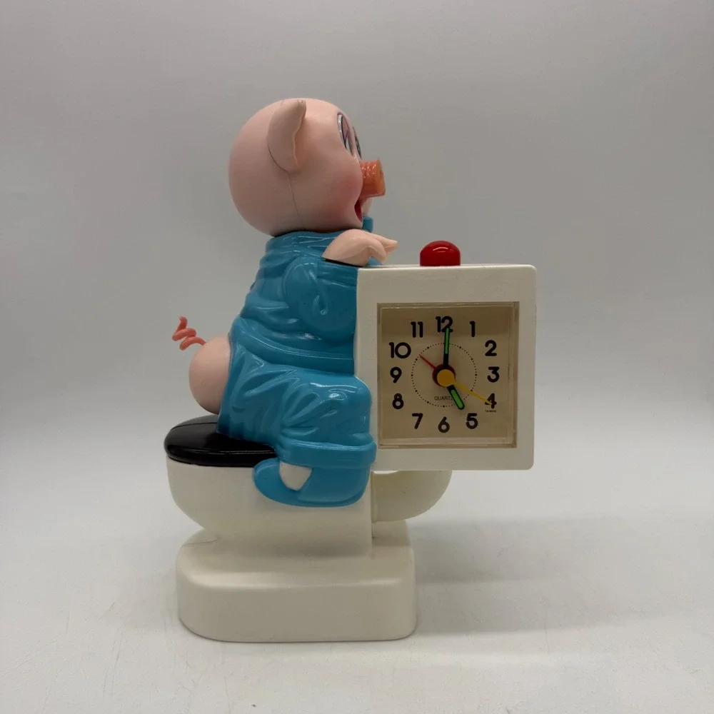 Pig in Pajamas on Toilet Quartz Alarm Clock Blue Novelty Vintage For Parts